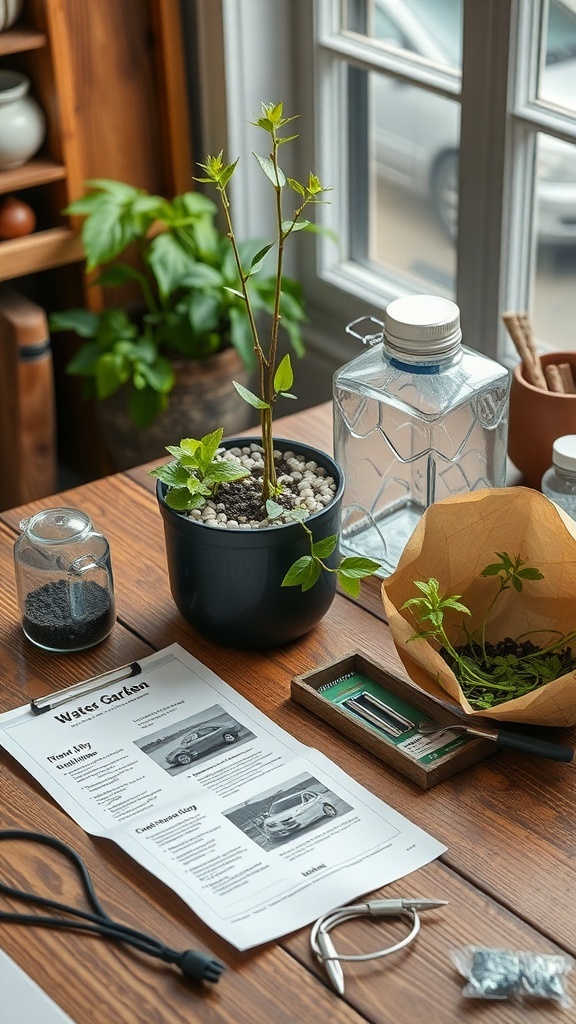 A workspace with materials for creating a DIY water garden, including plants, pebbles, and jars.
