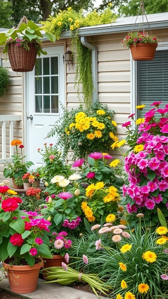 Colorful flower garden with various potted plants and hanging baskets near a mobile home entrance.