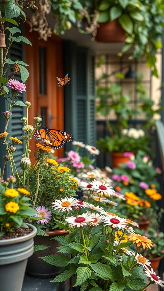 A vibrant balcony garden with colorful flowers and butterflies