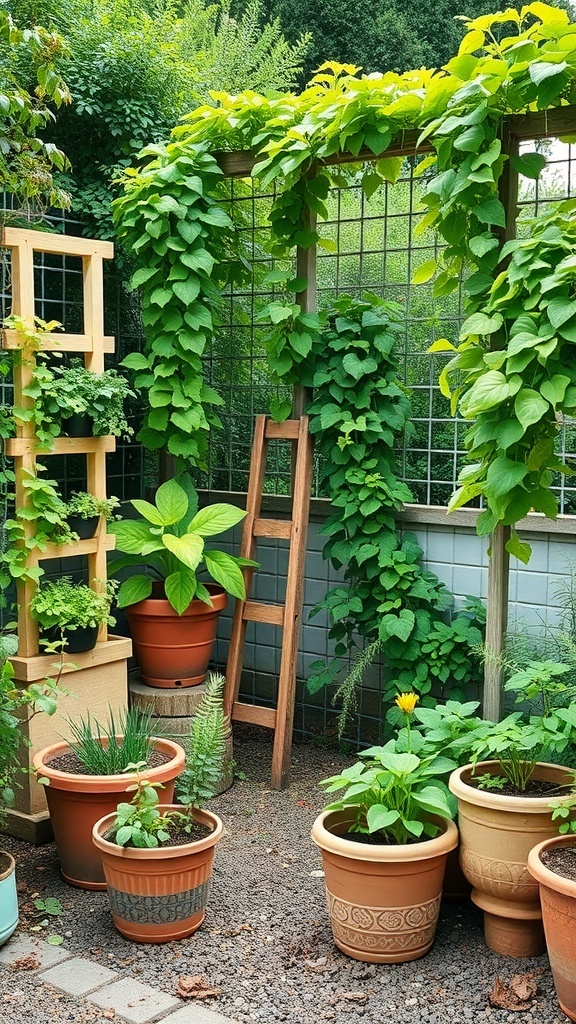 A potager garden with vertical space utilization, featuring climbing plants on trellises and various potted plants.