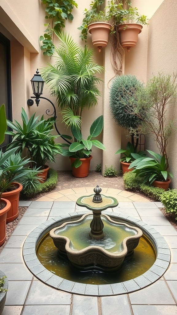 A small courtyard featuring a tiered fountain surrounded by various plants and greenery.