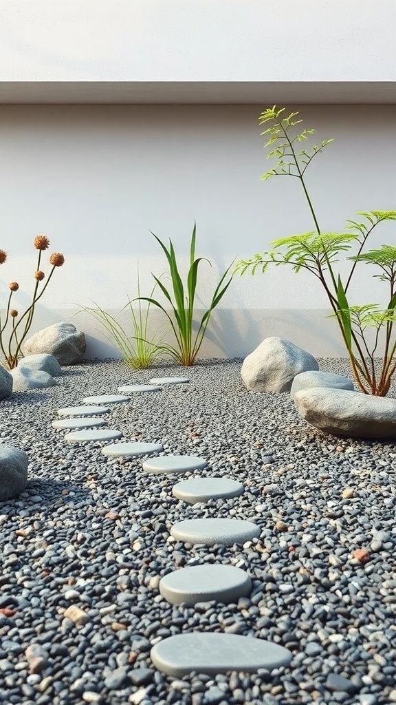 A serene Zen garden with stepping stones, gravel, and plants.