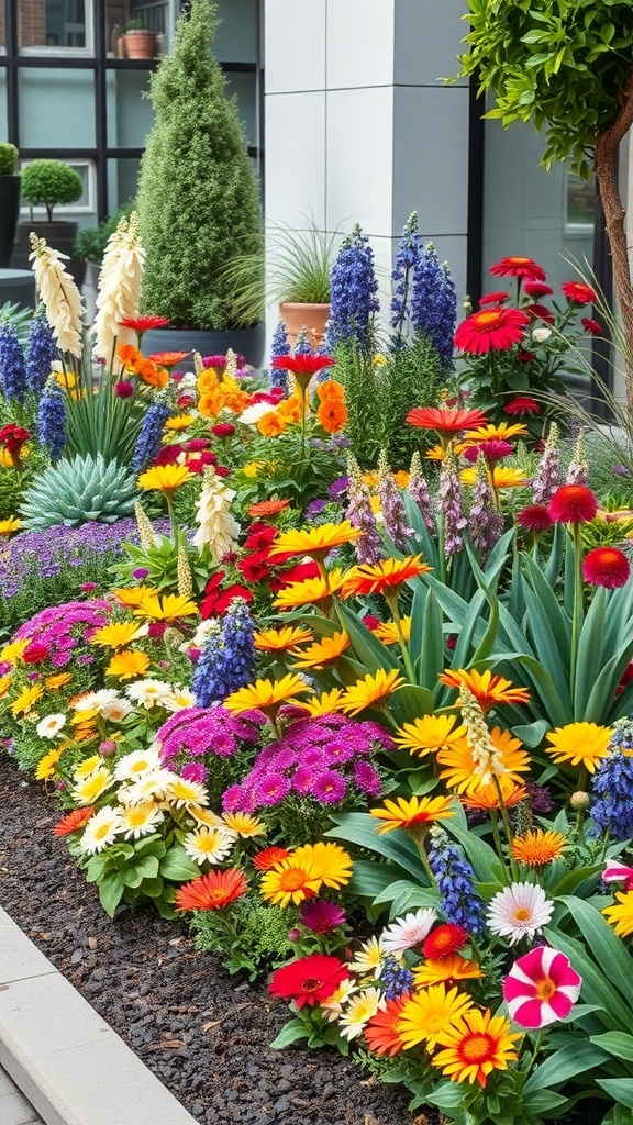 A vibrant garden filled with colorful flowers, including red, yellow, blue, and purple blooms, surrounded by greenery.