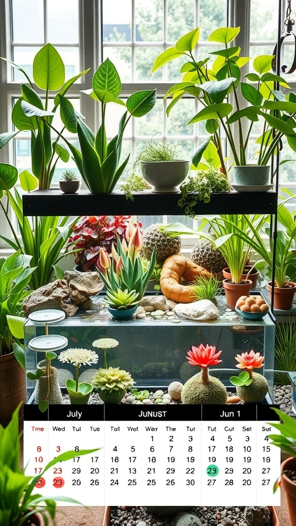 Indoor water garden with various plants and a water feature, showcasing seasonal care tips.