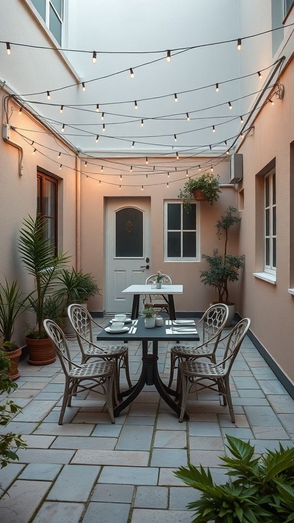Cozy outdoor dining space in a small courtyard with string lights and potted plants.