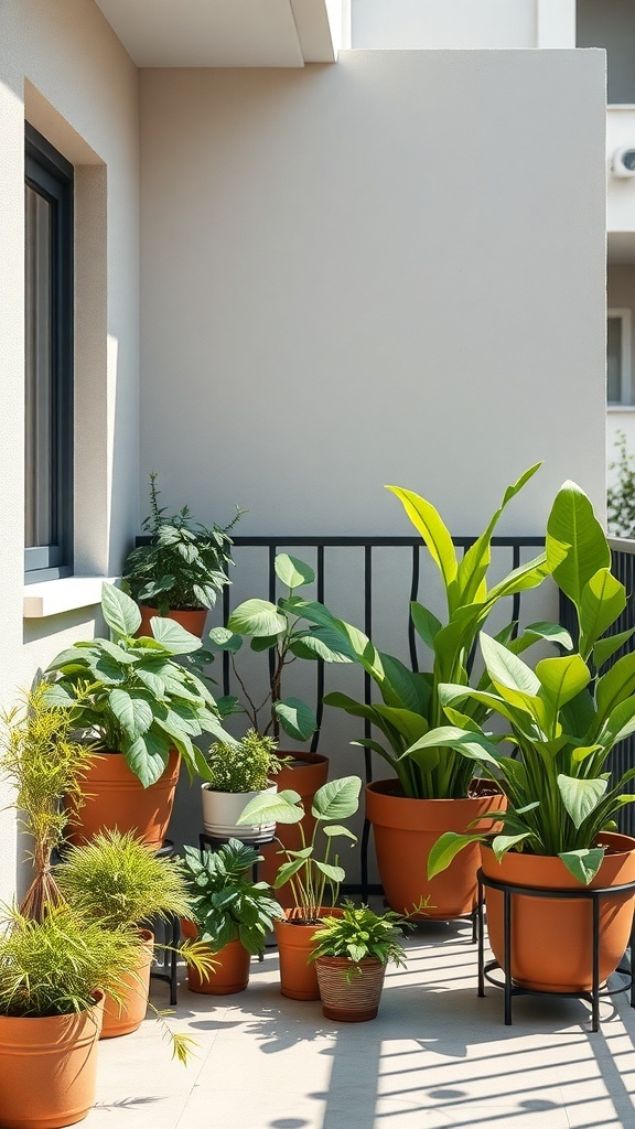 A small balcony garden filled with various potted plants enjoying sunlight.