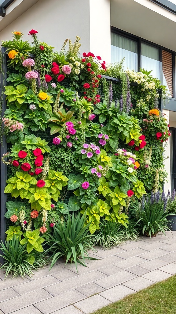 A colorful vertical garden wall with various flowers and plants.