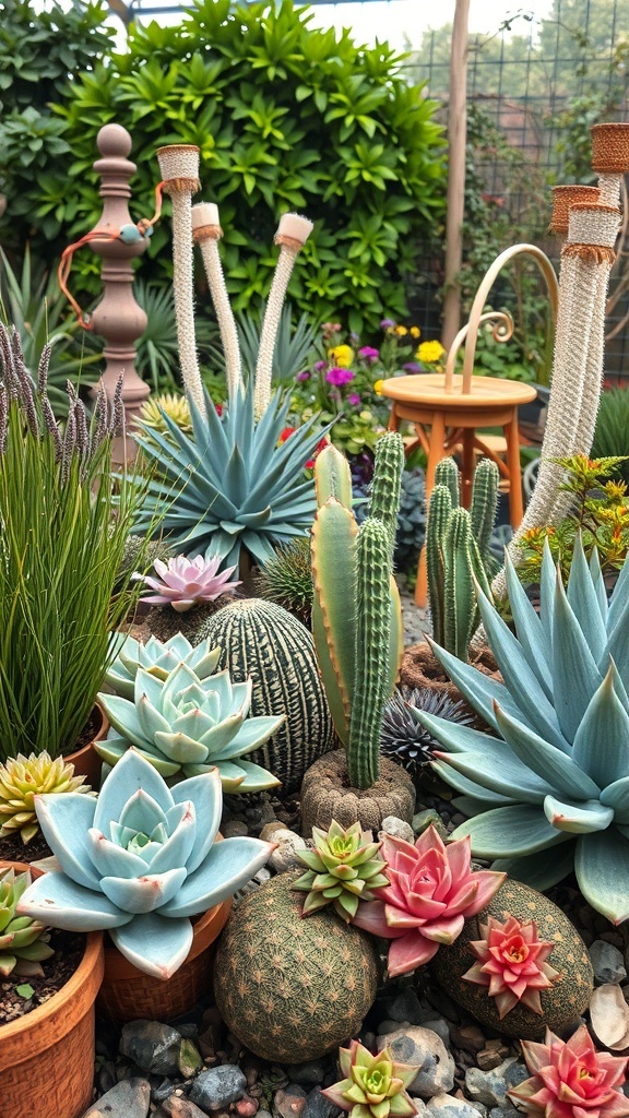 A vibrant arrangement of various succulents and cacti in terracotta pots, with decorative elements in a garden setting.