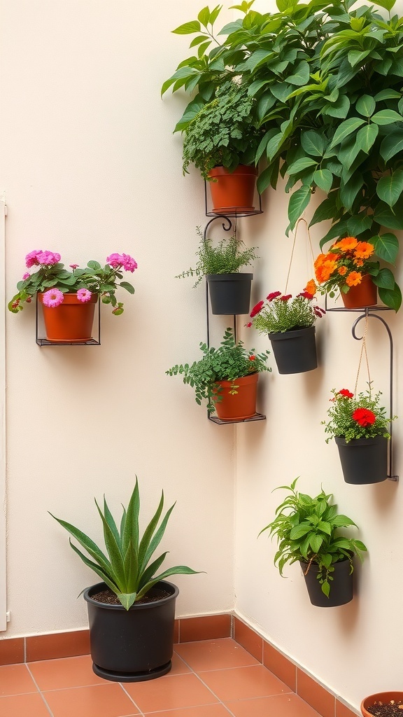 Vertical garden with colorful potted plants on a wall