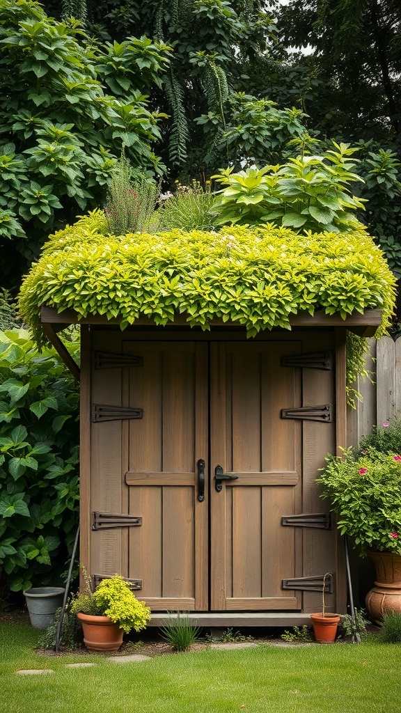 A garden shed with a green roof covered in lush plants