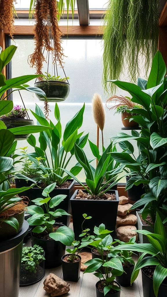 Indoor water garden with various plants in pots, showcasing a vibrant green environment.