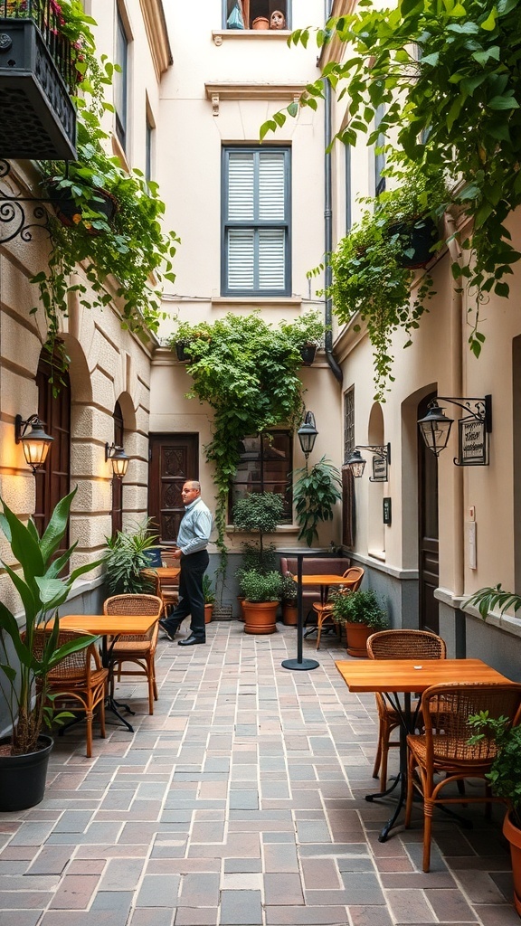 A cozy courtyard with wooden tables, potted plants, and warm lighting, creating a bistro-style atmosphere.
