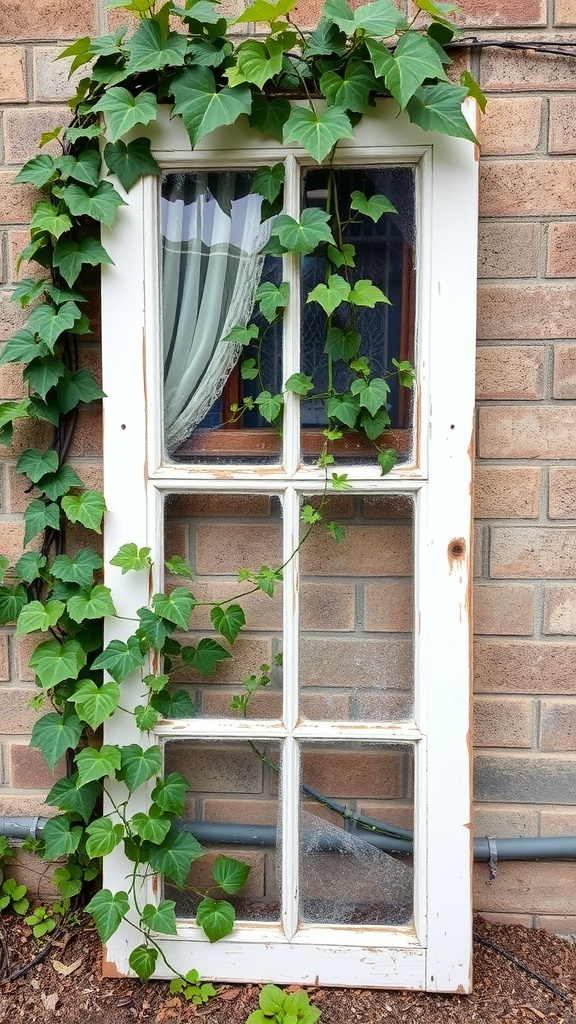 A repurposed white window frame leaning against a brick wall, covered with green ivy.