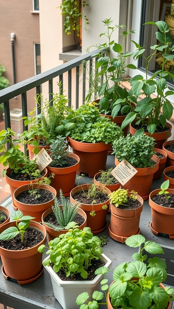 A balcony filled with various potted plants, showcasing a container garden.