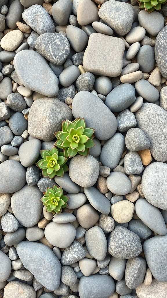 A rock garden featuring various smooth stones and green succulents.