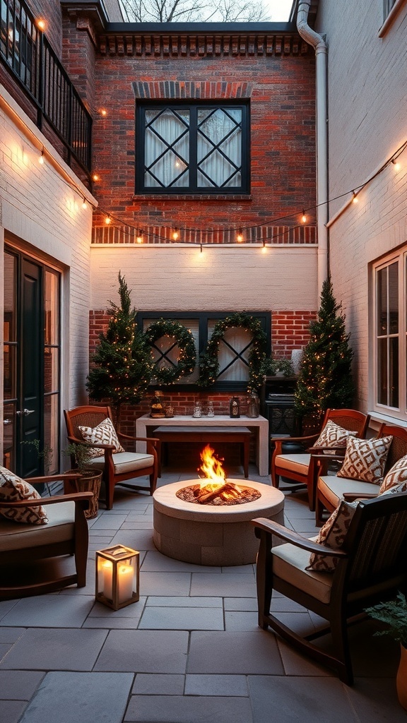 Cozy courtyard with a fire pit, seating, and string lights