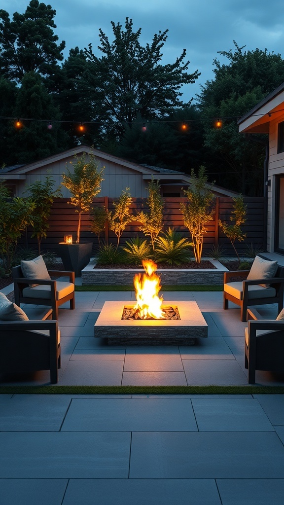 A modern garden with a fire pit surrounded by seating and plants, illuminated by string lights.