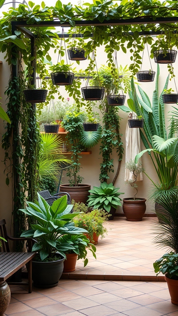 A small terrace garden with hanging plants and various greenery for privacy.