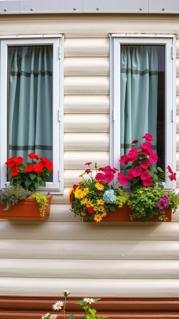 Colorful flower boxes under windows of a mobile home
