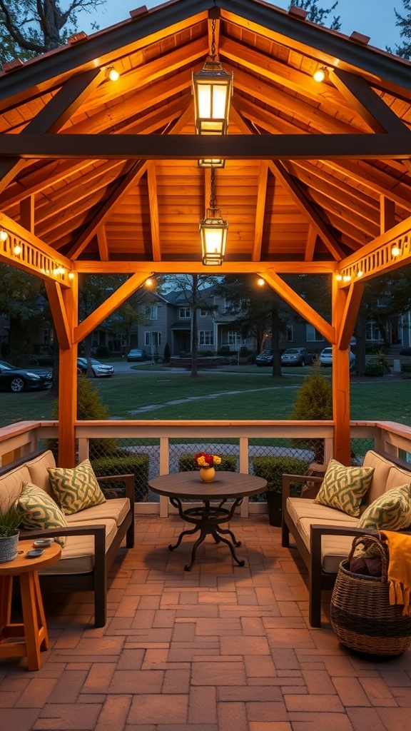 A cozy gazebo with outdoor seating, featuring warm lighting and comfortable sofas.