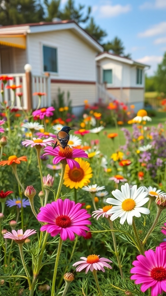 A colorful wildflower garden in front of a mobile home with various flowers blooming.