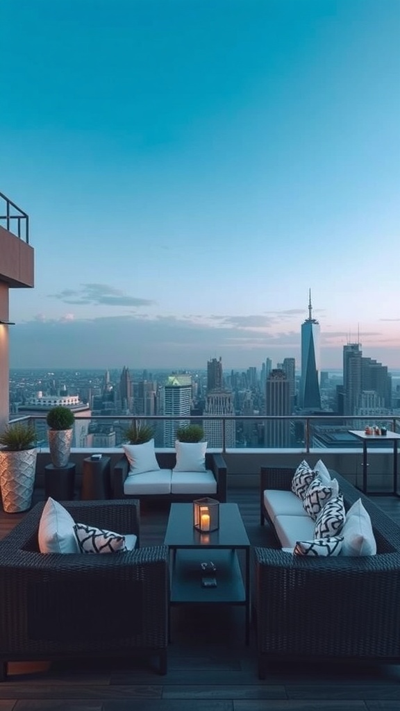 A cozy rooftop garden seating area with plush sofas and a stunning city view.