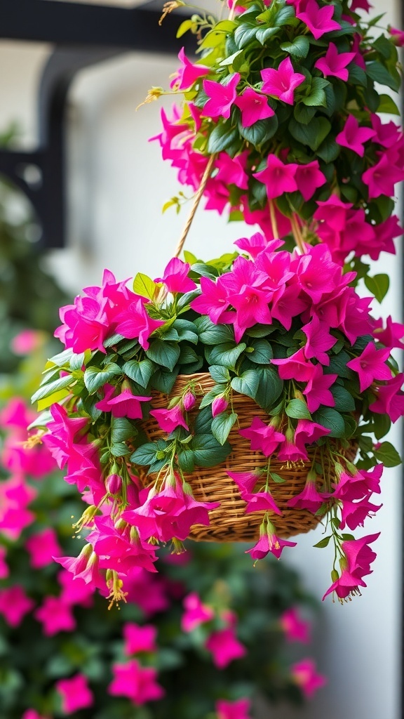 A vibrant hanging basket filled with lush fuchsia flowers, showcasing bright pink blooms and green leaves.