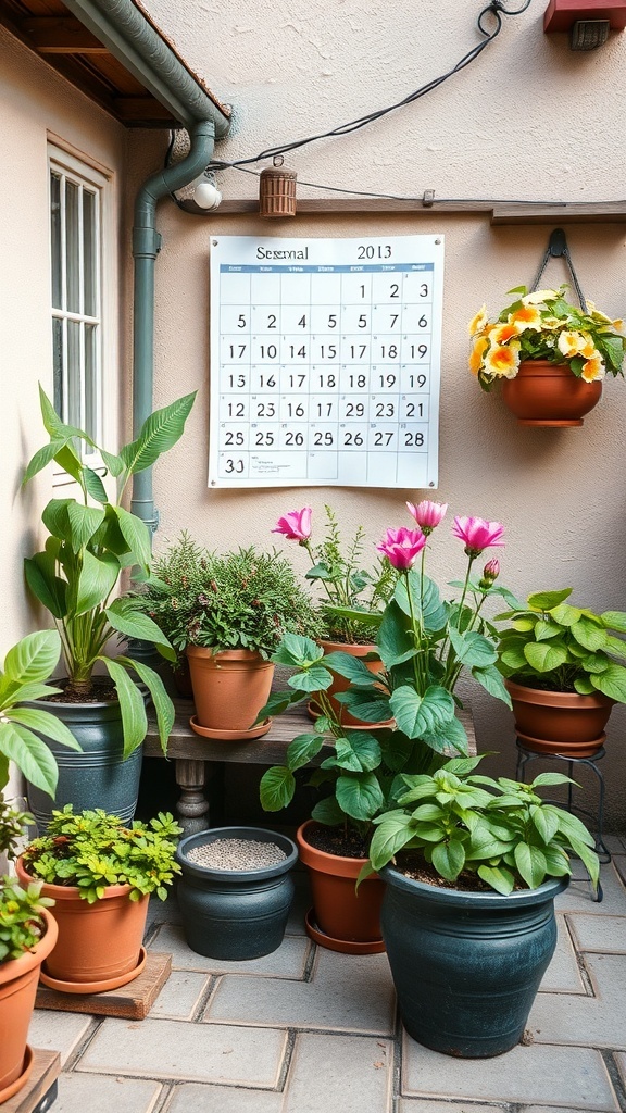 A small terrace garden with various potted plants and a calendar showing the month of September.