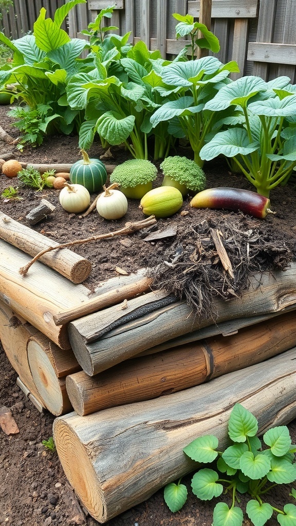 A Hugelkultur bed layout with various vegetables growing on top of stacked logs.