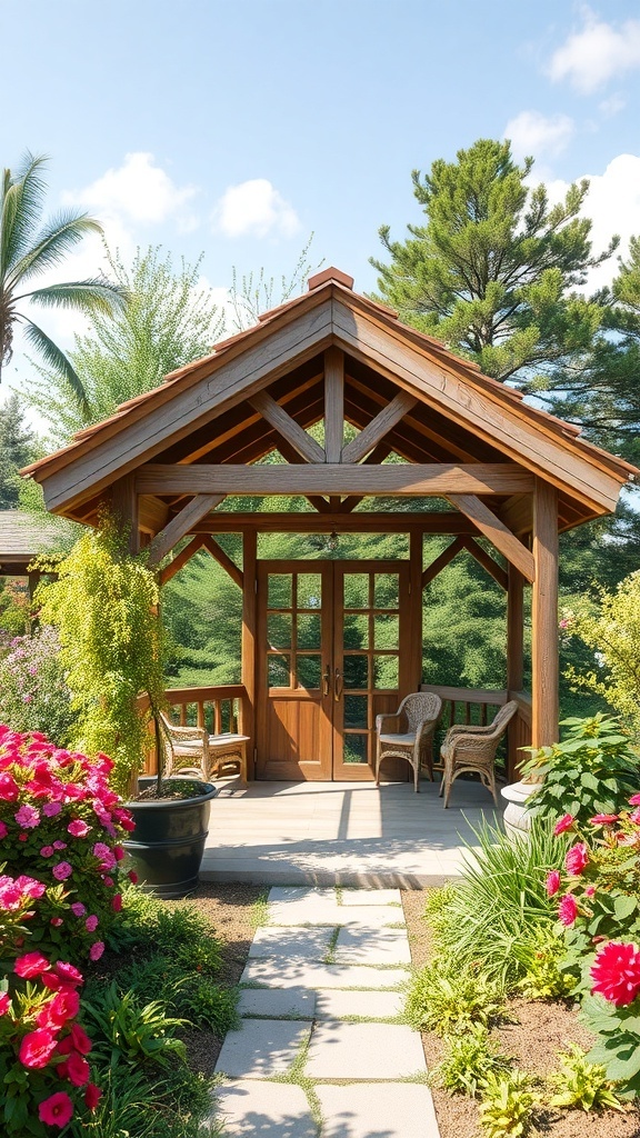 A rustic wooden gazebo surrounded by flowers and greenery, featuring a peaked roof and two chairs inside.