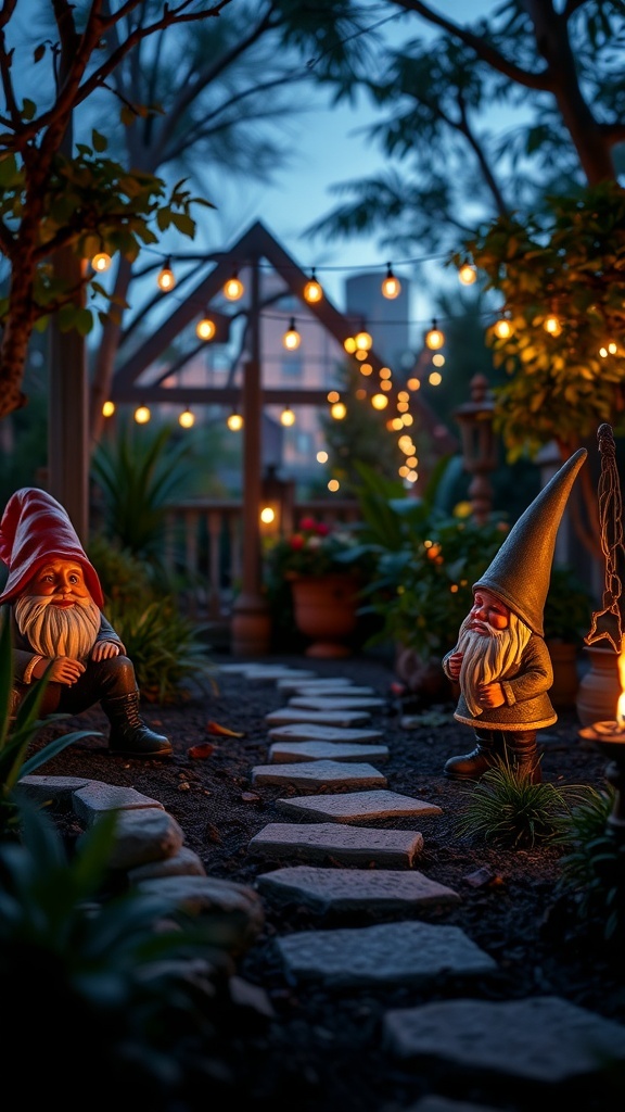 A cozy gnome garden with two gnomes sitting beside a stone path, illuminated by string lights.