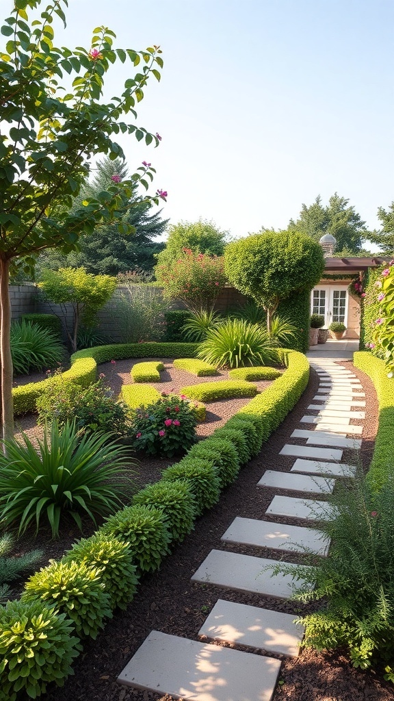 A well-designed garden with stepping stone pathways and lush greenery.