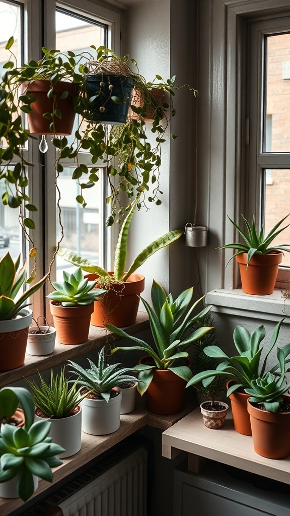A cozy indoor setting with various succulents in pots on a windowsill.