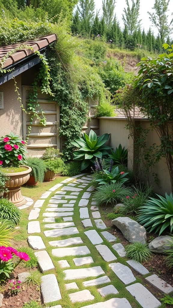 A winding stone pathway surrounded by lush greenery and colorful flowers in a corner garden.