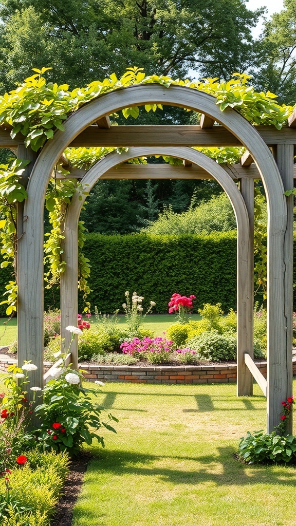 An arched garden trellis with a pergola covered in greenery, surrounded by colorful flowers.