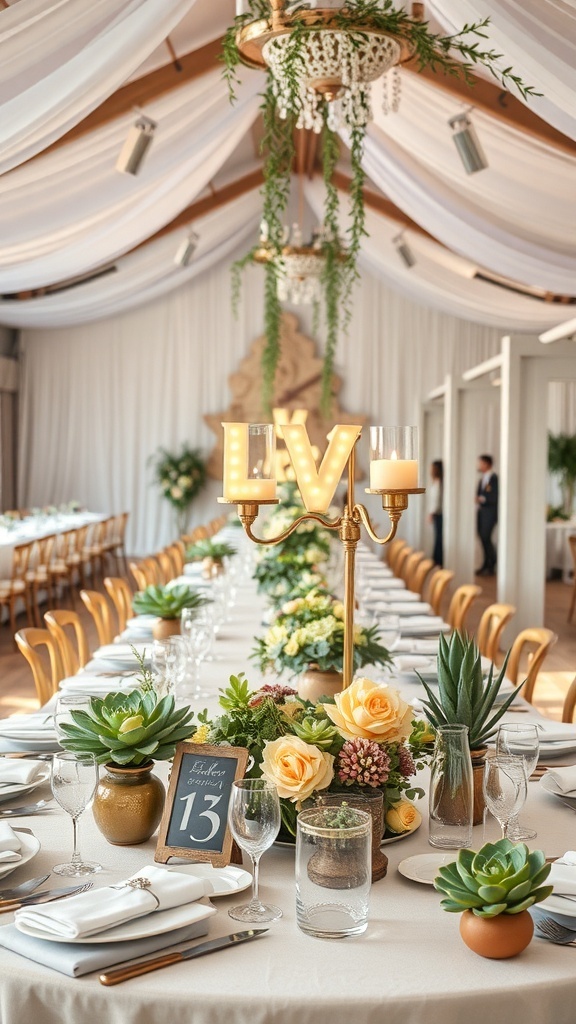 A beautifully arranged event table featuring succulents, floral arrangements, and elegant decor.