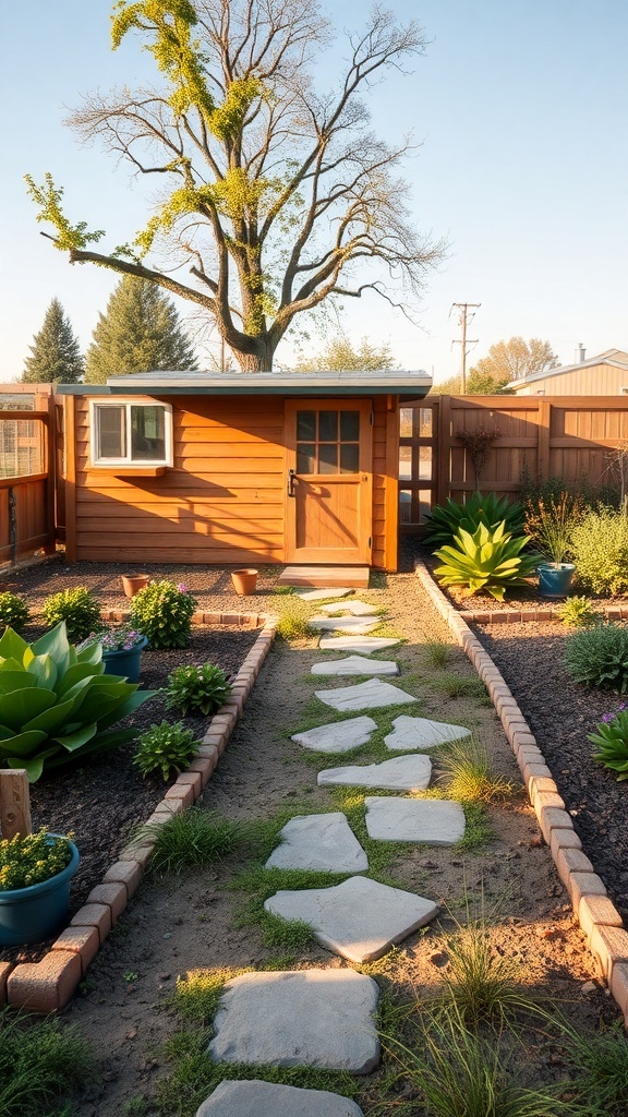 A stone pathway leading to a chicken coop, surrounded by plants and a clear sky.