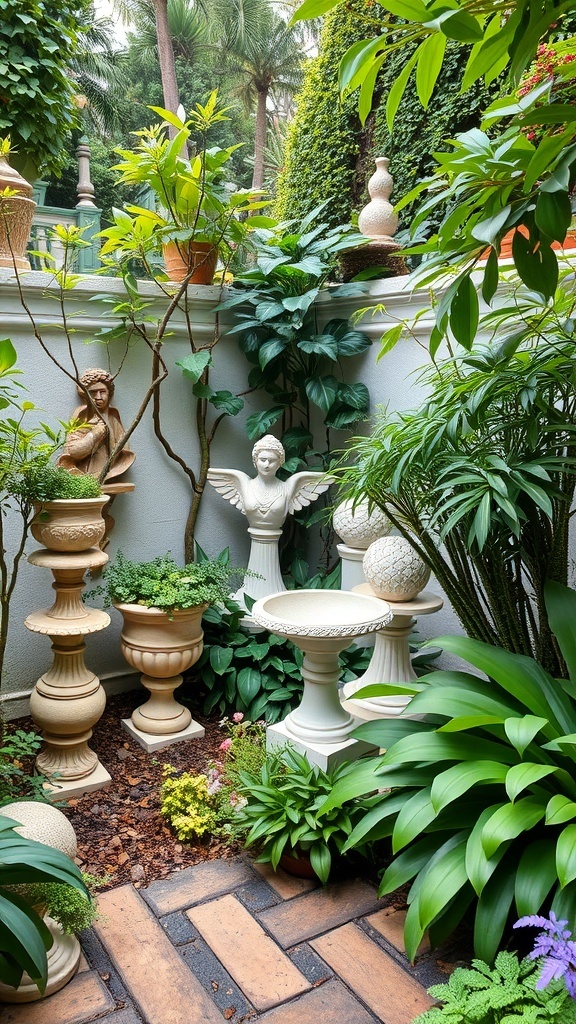 A corner garden featuring sculptures, decorative pots, and lush greenery.