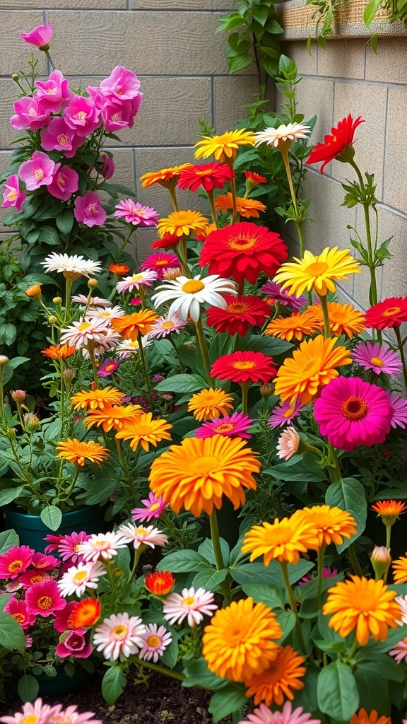 A colorful display of seasonal flowers in a corner garden, featuring pink, red, orange, and yellow blooms.