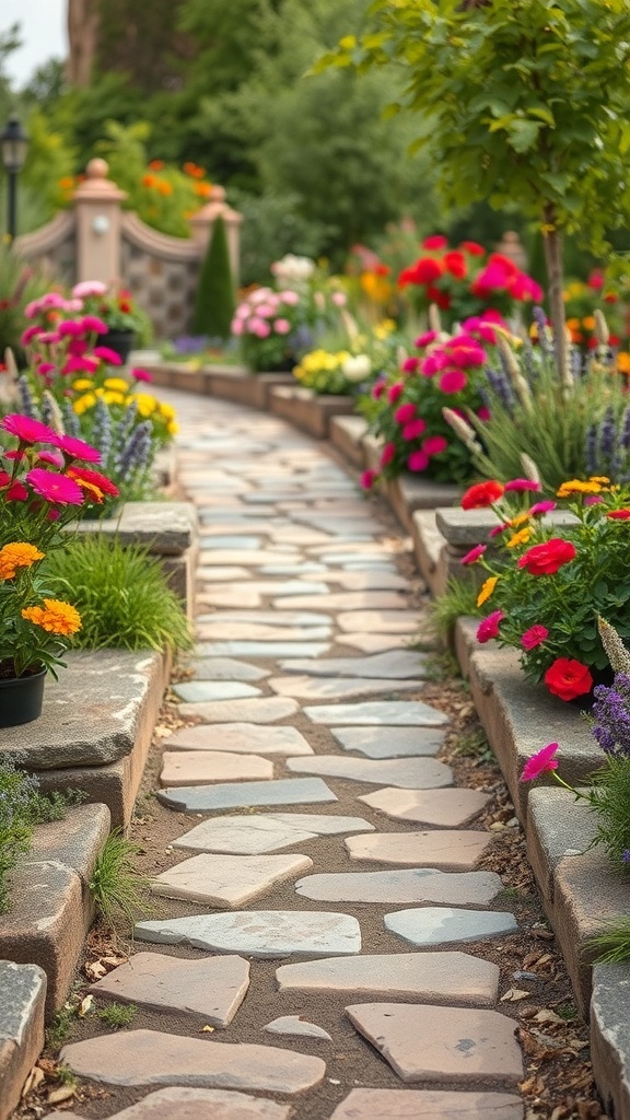 A winding pathway made of natural stones surrounded by colorful flowers in a garden.