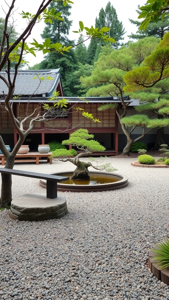 A contemporary Japanese Zen garden featuring gravel, stones, and bonsai trees.