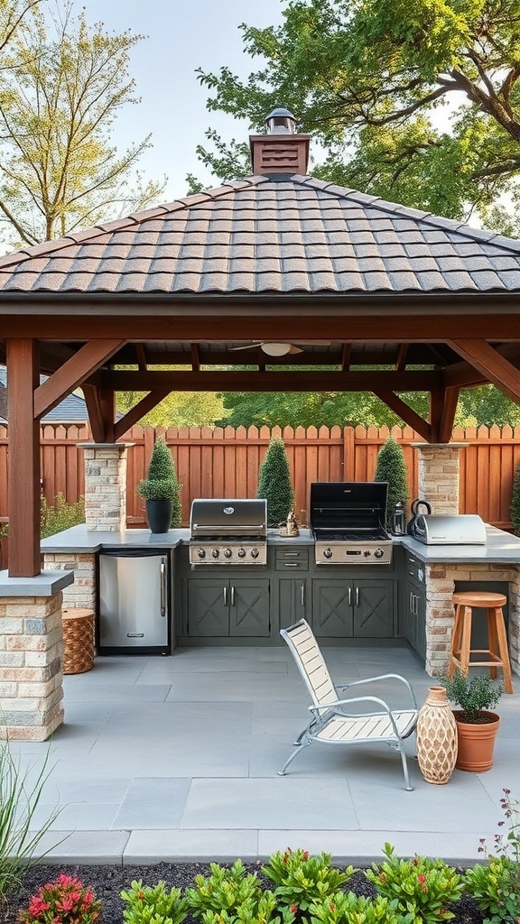 A functional gazebo featuring an outdoor kitchen with grills, a bar area, and seating surrounded by greenery.