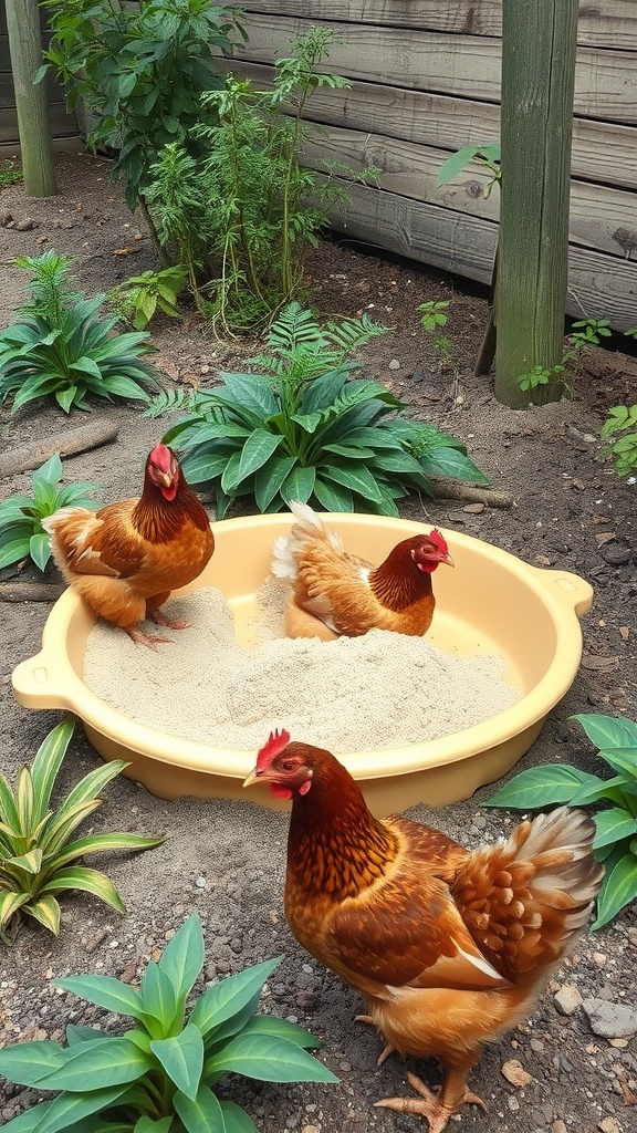 Chickens enjoying a dust bath in a garden setting