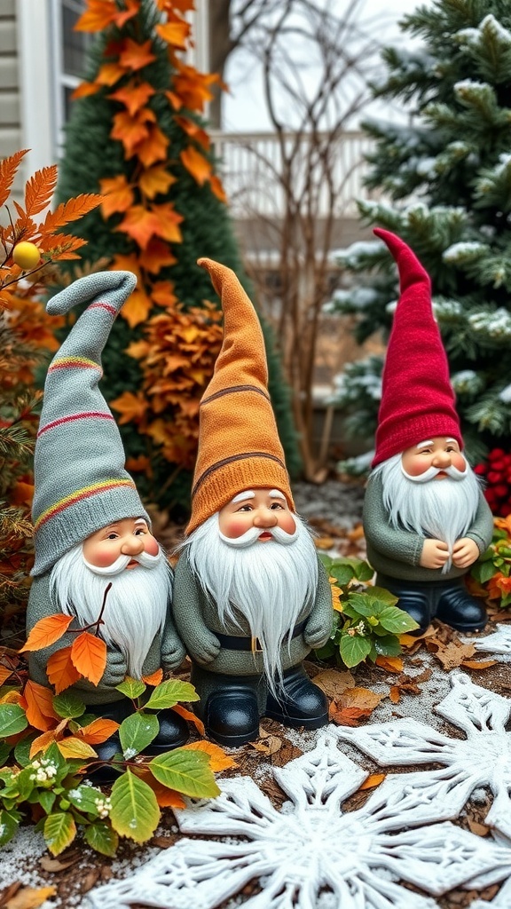 Three gnomes with colorful hats surrounded by autumn leaves and snowflakes