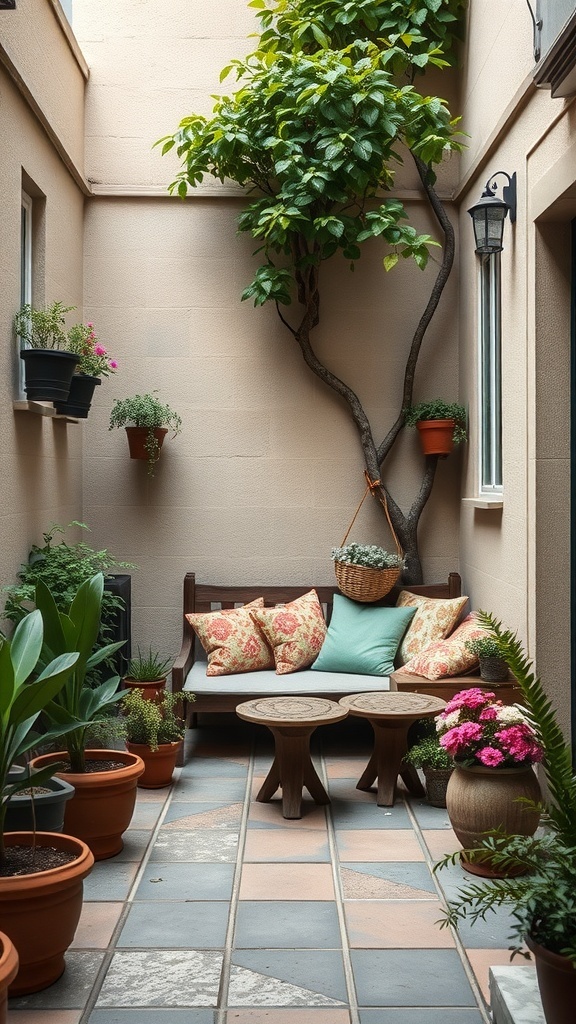 A cozy seating nook in a small courtyard with a bench, colorful cushions, potted plants, and a small tree.