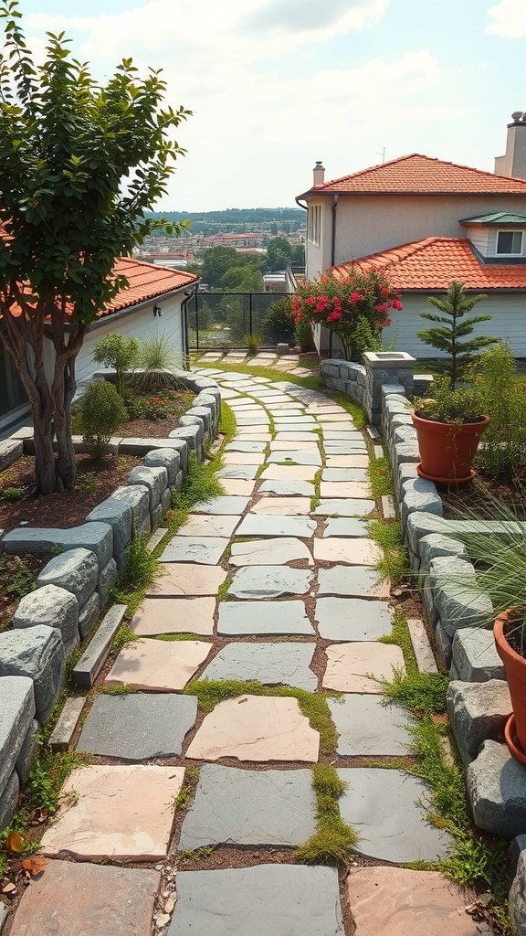 A stone pathway lined with greenery and potted plants in a rooftop garden.