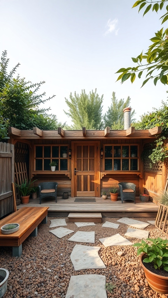 A garden shed made from reclaimed wood, featuring a cozy entrance and surrounded by greenery.