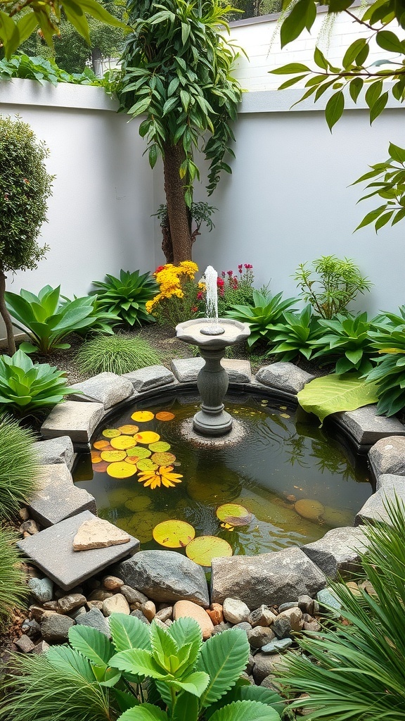 A corner garden featuring a circular pond with a fountain, surrounded by lush greenery and colorful flowers.