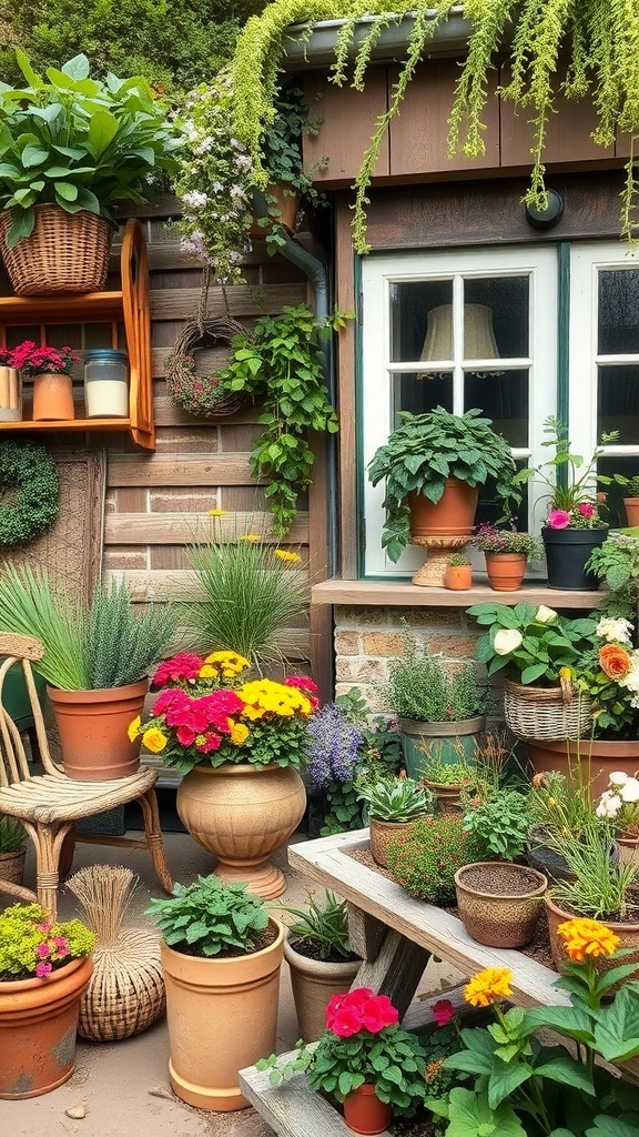 A charming cottage garden filled with colorful flowers and greenery in various pots.