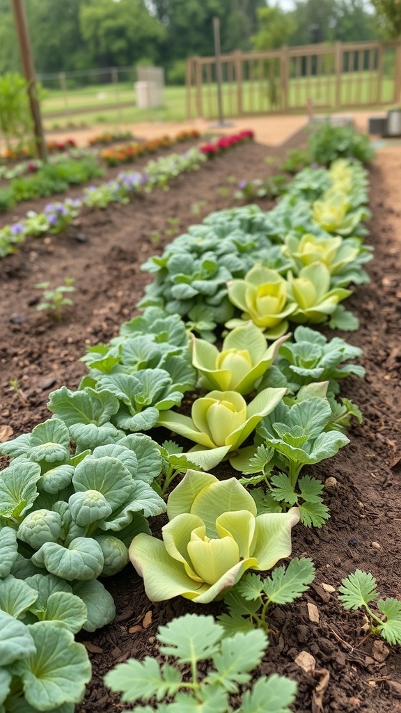 A vegetable garden showcasing intercropping techniques with leafy greens and other plants.